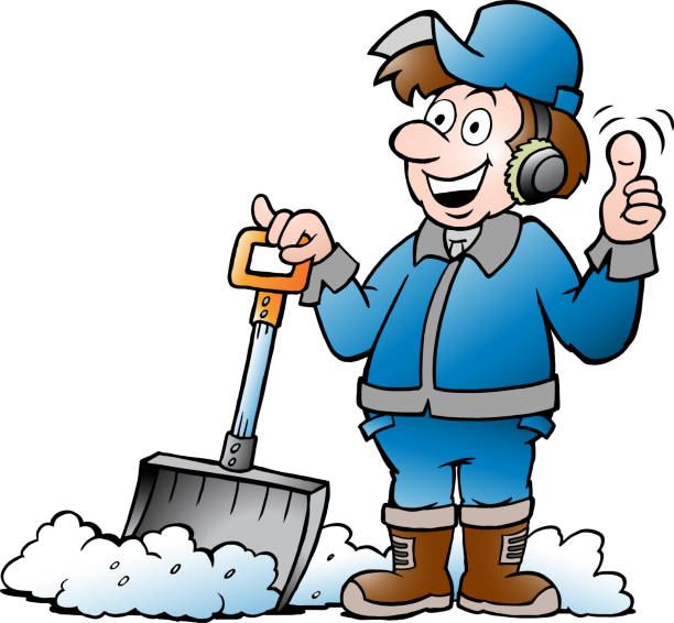 Cartoon man in blue snow suit holding snow shovel and giving a thumbs up sign